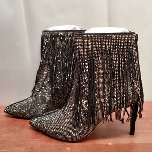 ISMERIA Pewter Crystal Tassel Fringe Ankle Heel BLING Boots NEW